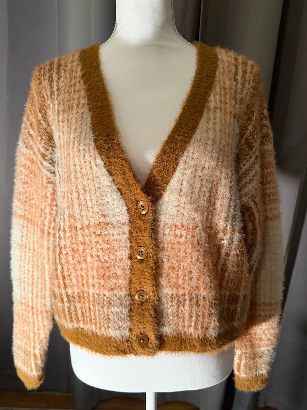 RVCA Fuzzy Plaid Button-Front Cardigan Sweater - Cream & Tan